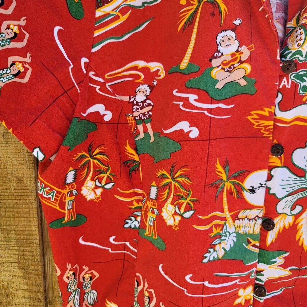Hilo Hatties Santa On Vacation Faux Wooden Button Up Shirt Womens Size L - Picture 3 of 9